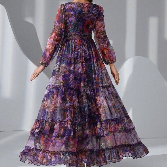 Purple Elegant Women's Floral Print long sleeved Frill Trim Maxi Dress - Picture 4 of 6